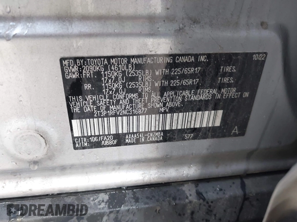 2022 Toyota RAV4 XLE z VIN 2T3P1RFV2NC316877, wystawiony jako IAAI lot #41981282 z przebiegiem 42 955 mil mil oraz . Historia ofert i sprzedaży dostępna na DreamBid. Obrazek 9.