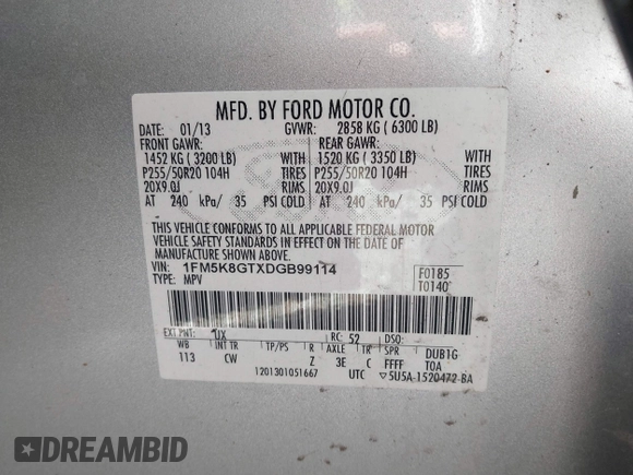 2013 Ford Explorer Sport with VIN 1FM5K8GTXDGB99114, listed as a IAAI auction lot 41984317 with 132,764 mi miles and . Bid and sale history available at DreamBid. Image 9.