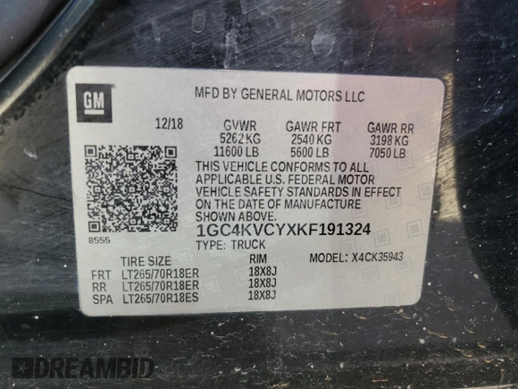 2019 Chevrolet Silverado 3500HD Work Truck with VIN 1GC4KVCYXKF191324, listed as a Copart auction lot 74964434 with 212,240 mi miles and Salvage Title. Bid and sale history available at carsss.com. Image 12.