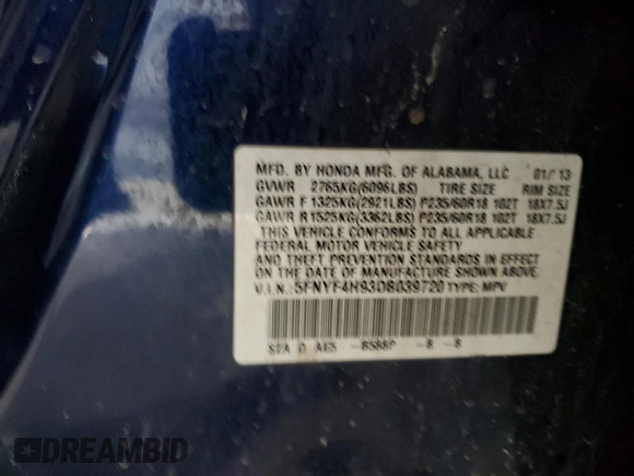 2013 Honda Pilot Touring with VIN 5FNYF4H93DB039720, listed as a Copart auction lot 50798675 with Not Provided miles and Salvage Title. Bid and sale history available at DreamBid. Image 13.
