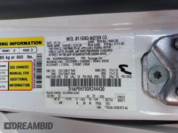 2013 Ford Fusion SE with VIN 3FA6P0H70DR244430, listed as a Copart auction lot 49512145 with 103,389 mi miles and Salvage Title. Bid and sale history available at DreamBid. Image 12.