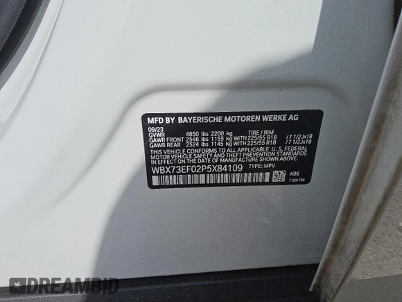 2023 BMW X1 xDrive28i with VIN WBX73EF02P5X84109, listed as a Copart auction lot 57438595 with 25,421 mi miles and Clean title. Bid and sale history available at DreamBid. Image 12.