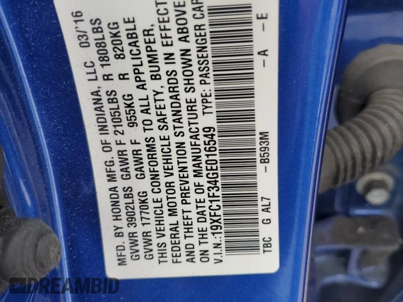 2016 Honda Civic EX-T z VIN 19XFC1F34GE016549, wystawiony jako Copart lot #53488995 z przebiegiem 26 021 mil mil oraz Szkoda całkowita • Salvage title. Historia ofert i sprzedaży dostępna na DreamBid. Obrazek 12.
