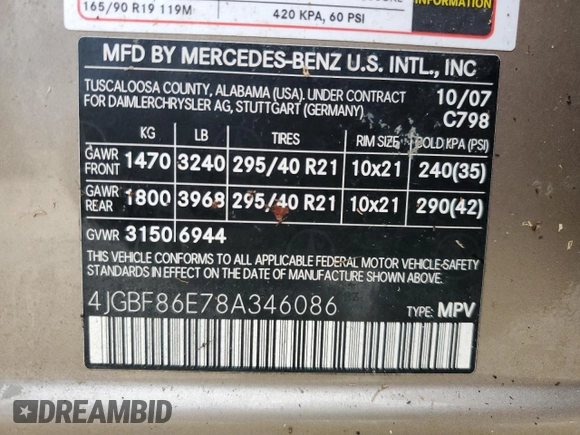 2008 Mercedes-Benz GL-Class 5.5L with VIN 4JGBF86E78A346086, listed as a Copart auction lot 76274124 with Not Provided miles and Clean Title. Bid and sale history available at carsss.com. Image 14.