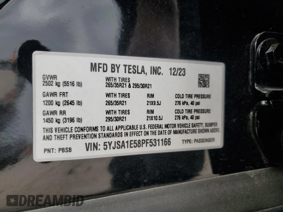 2023 Tesla Model S z VIN 5YJSA1E58PF531166, wystawiony jako Copart lot #51827565 z przebiegiem Nie podano mil oraz Szkoda całkowita • Salvage title. Historia ofert i sprzedaży dostępna na DreamBid. Obrazek 14.