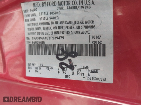 2000 Ford Mustang with VIN 1FAFP4448YF239479, listed as a IAAI auction lot 42843007 with 156,326 mi miles and . Bid and sale history available at DreamBid. Image 9.