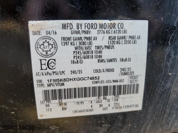 2016 Ford Explorer XLT with VIN 1FM5K8DHXGGC74852, listed as a Copart auction lot 54434115 with 219,059 mi miles and Salvage Title. Bid and sale history available at carsss.com. Image 14.