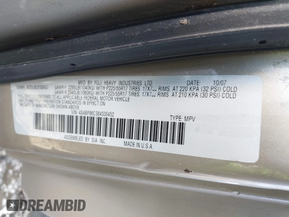 2008 Subaru Outback L.L. Bean with VIN 4S4BP86C384335452, listed as a IAAI auction lot 41364759 with 149,530 mi miles and . Bid and sale history available at DreamBid. Image 9.