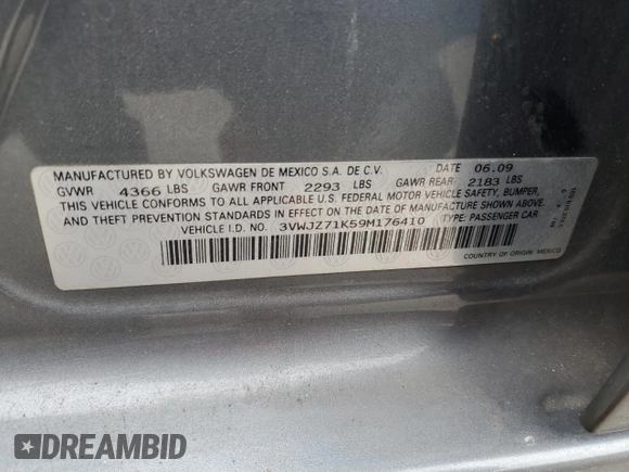 2009 Volkswagen Jetta S с VIN 3VWJZ71K59M176410, выставлен на аукционе Copart как лот 71442444 с пробегом 96 298 миль миль и Списание • Salvage title. История ставок и продаж доступна на DreamBid. Изображение 12.
