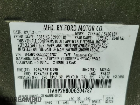 2013 Ford Taurus SEL with VIN 1FAHP2H80DG204787, listed as a Copart auction lot 48562035 with 126,003 mi miles and Clean Title. Bid and sale history available at DreamBid. Image 12.