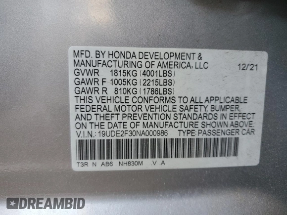 2022 Acura ILX with VIN 19UDE2F30NA000986, listed as a Copart auction lot 42147325 with 17,817 mi miles and Salvage Title. Bid and sale history available at DreamBid. Image 13.