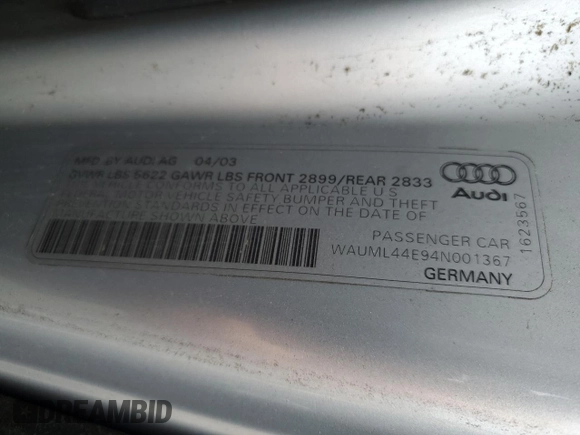 2004 Audi A8 с VIN WAUML44E94N001367, выставлен на аукционе Copart как лот 54968885 с пробегом Не указан миль и Списание • Salvage title. История ставок и продаж доступна на DreamBid. Изображение 12.