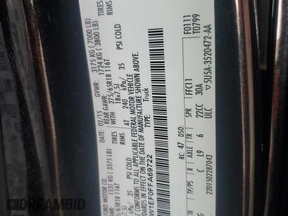 2015 Ford F-150 XLT with VIN 1FTEW1EF0FFA69722, listed as a Copart auction lot 59671695 with 189,690 mi miles and Salvage title. Bid and sale history available at DreamBid. Image 12.