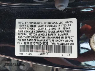 2015 Honda Civic Sedan LX with VIN 19XFB2F57FE045732, listed as a IAAI auction lot 42020578 with 82,043 mi miles. Bid and sale history available at carsss.com. Image 9.