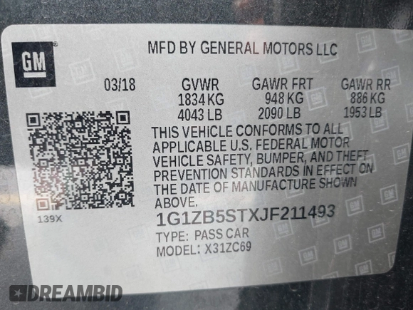 2018 Chevrolet Malibu LS with VIN 1G1ZB5STXJF211493, listed as a IAAI auction lot 42141666 with 126,529 mi miles and . Bid and sale history available at DreamBid. Image 9.
