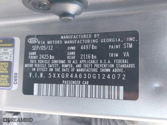 2013 Kia Optima SX w/Limited Pkg with VIN 5XXGR4A63DG124072, listed as a IAAI auction lot 40998791 with 144,696 mi miles. Bid and sale history available at carsss.com. Image 9.