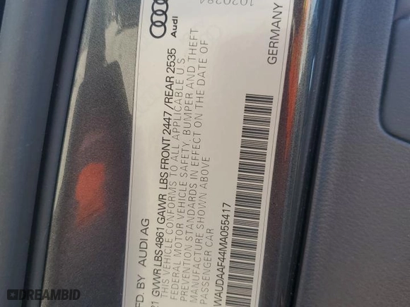 2021 Audi A4 Sedan S line Premium with VIN WAUDAAF44MA055417, listed as a Copart auction lot 49493075 with 24,875 mi miles and Salvage Title. Bid and sale history available at carsss.com. Image 12.