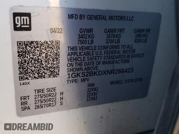 2022 GMC Yukon SLT with VIN 1GKS2BKDXNR266423, listed as a Copart auction lot 80882294 with 40,483 mi miles and Salvage Title. Bid and sale history available at carsss.com. Image 14.