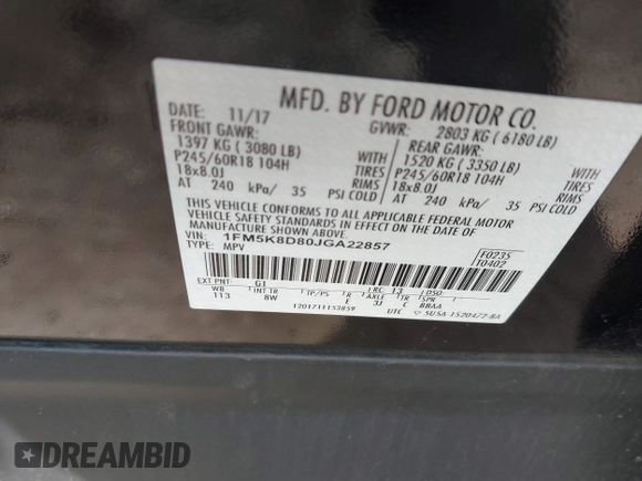 2018 Ford Explorer XLT with VIN 1FM5K8D80JGA22857, listed as a IAAI auction lot 41592026 with 64,145 mi miles and . Bid and sale history available at DreamBid. Image 9.