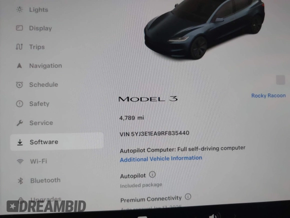 2024 Tesla Model 3 with VIN 5YJ3E1EA9RF835440, listed as a IAAI auction lot 41255559 with 4,789 mi miles. Bid and sale history available at carsss.com. Image 15.