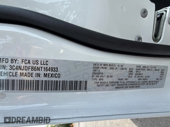 2022 Jeep Compass Latitude Lux with VIN 3C4NJDFB6NT164933, listed as a Copart auction lot 62031695 with 55,397 mi miles and Salvage title. Bid and sale history available at DreamBid. Image 10.