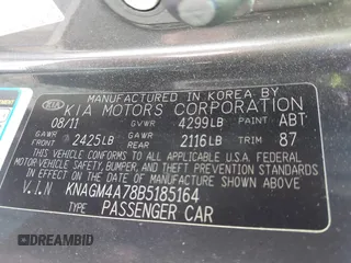 2011 Kia Optima LX with VIN KNAGM4A78B5185164, listed as a IAAI auction lot 41999846 with 216,008 mi miles and . Bid and sale history available at carsss.com. Image 9.