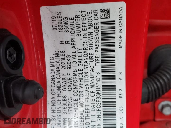 2019 Honda Civic Sport with VIN 2HGFC2F83KH578216, listed as a Copart auction lot 46923645 with 49,593 mi miles and Salvage Title. Bid and sale history available at DreamBid. Image 12.