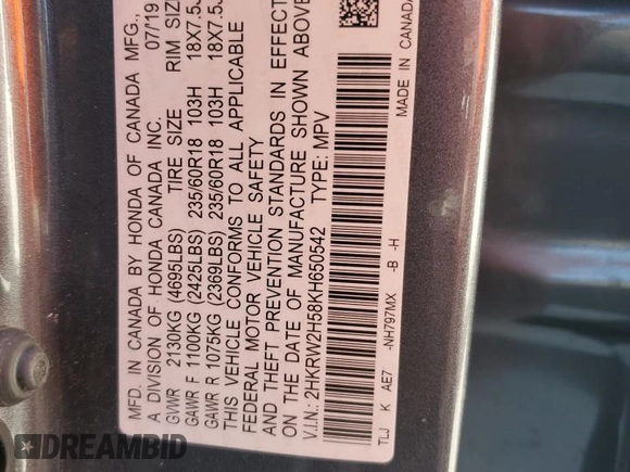 2019 Honda CR-V EX with VIN 2HKRW2H58KH650542, listed as a Copart auction lot 53875325 with 20,034 mi miles and Salvage Title. Bid and sale history available at carsss.com. Image 14.