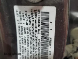 2012 Honda Civic EX with VIN 19XFB2F80CE320346, listed as a Copart auction lot 53514955 with Not Provided miles and Salvage Title. Bid and sale history available at DreamBid. Image 13.
