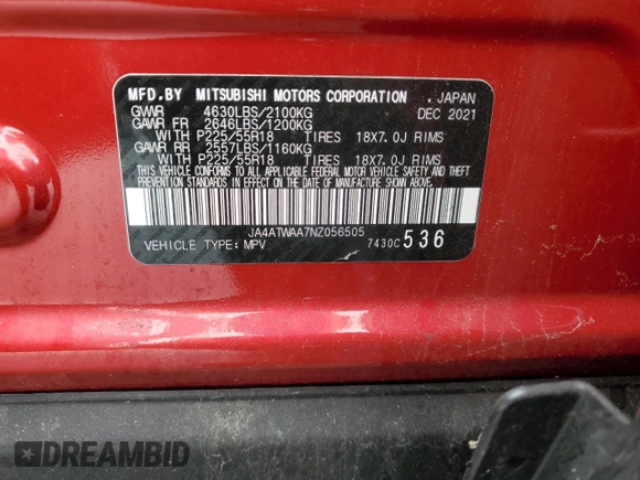 2022 Mitsubishi Eclipse Cross SE с VIN JA4ATWAA7NZ056505, выставлен на аукционе Copart как лот 55975025 с пробегом 26 808 миль миль и Списание • Salvage title. История ставок и продаж доступна на DreamBid. Изображение 13.