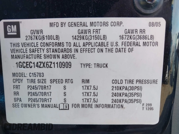 2006 Chevrolet Silverado 1500 Work Truck with VIN 1GCEC14ZX6Z110909, listed as a IAAI auction lot 42227581 with 156,634 mi miles and . Bid and sale history available at DreamBid. Image 9.