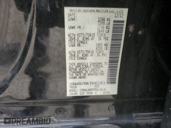2013 Nissan Titan SL with VIN 1N6BA0EC9DN306161, listed as a Copart auction lot 50923005 with 199,141 mi miles and Salvage Title. Bid and sale history available at DreamBid. Image 12.