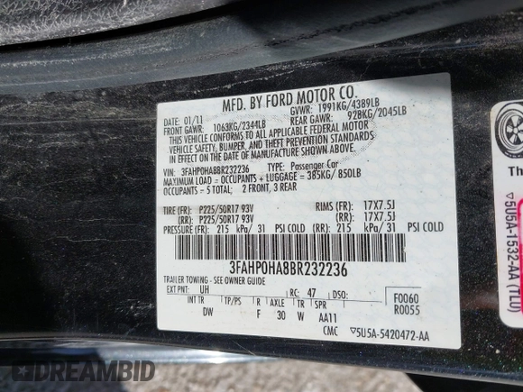 2011 Ford Fusion SE with VIN 3FAHP0HA8BR232236, listed as a IAAI auction lot 41819322 with 196,339 mi miles. Bid and sale history available at carsss.com. Image 9.