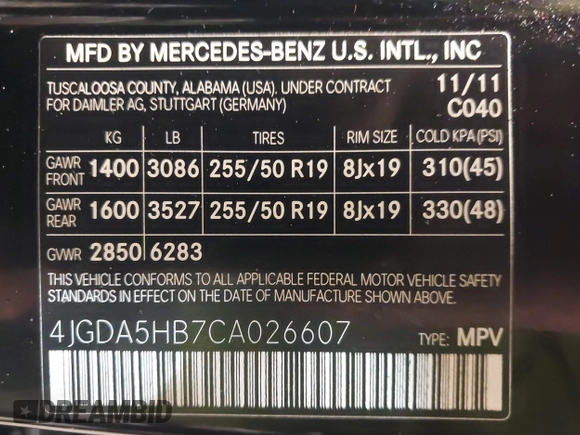 2012 Mercedes-Benz M ML 350 with VIN 4JGDA5HB7CA026607, listed as a IAAI auction lot 41687785 with 89,161 mi miles. Bid and sale history available at carsss.com. Image 9.