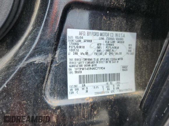 2004 Ford F-150 XLT with VIN 1FTPW14594KC71934, listed as a Copart auction lot 59763685 with Not provided miles and Salvage title. Bid and sale history available at DreamBid. Image 12.