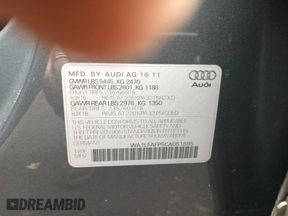 2012 Audi Q5 2.0T Premium Plus with VIN WA1LFAFP5CA051895, listed as a Copart auction lot 55691395 with 107,786 mi miles and Clean Title. Bid and sale history available at carsss.com. Image 10.