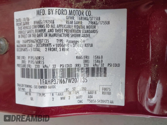 2007 Ford Focus S with VIN 1FAHP37N67W207135, listed as a IAAI auction lot 41902551 with 191,560 mi miles and . Bid and sale history available at carsss.com. Image 9.