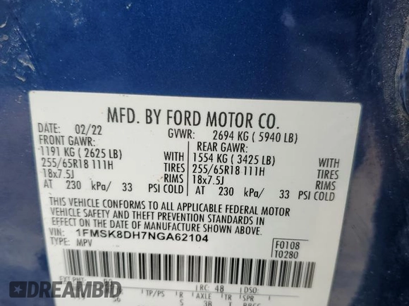 2022 Ford Explorer XLT with VIN 1FMSK8DH7NGA62104, listed as a Copart auction lot 50810145 with 65,605 mi miles and Salvage Title. Bid and sale history available at DreamBid. Image 13.