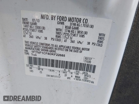 2013 Ford F-150 XL with VIN 1FTNF1CF8DKF22685, listed as a IAAI auction lot 40300889 with 212,575 mi miles. Bid and sale history available at carsss.com. Image 9.