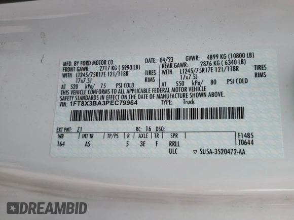 2023 Ford F-350 с VIN 1FT8X3BA3PEC79964, выставлен на аукционе Copart как лот 80507954 с пробегом 18 604 миль миль и Списание • Salvage title. История ставок и продаж доступна на DreamBid. Изображение 13.