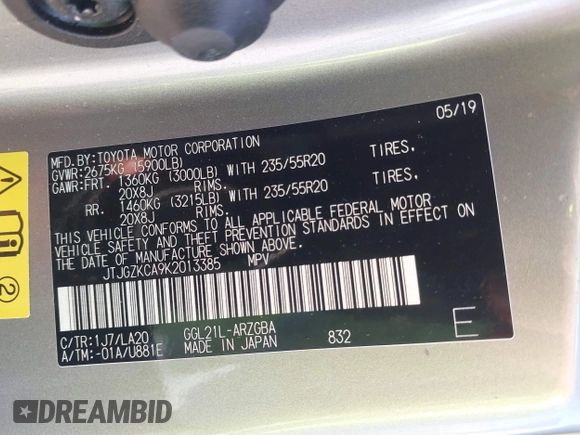 2019 Lexus RX 350L Premium z VIN JTJGZKCA9K2013385, wystawiony jako IAAI lot #42072200 z przebiegiem Nie podano mil oraz . Historia ofert i sprzedaży dostępna na DreamBid. Obrazek 9.