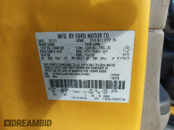 2012 Ford Escape Hybrid с VIN 1FMCU4K36CKA37607, выставлен на аукционе IAAI как лот 41789396 с пробегом 362 186 миль миль и . История ставок и продаж доступна на DreamBid. Изображение 9.