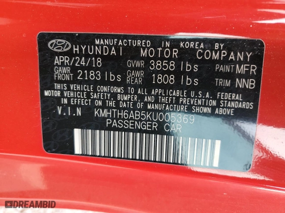 2019 Hyundai Veloster Turbo R-Spec with VIN KMHTH6AB5KU005369, listed as a Copart auction lot 43833985 with 52,768 mi miles and Salvage Title. Bid and sale history available at carsss.com. Image 13.