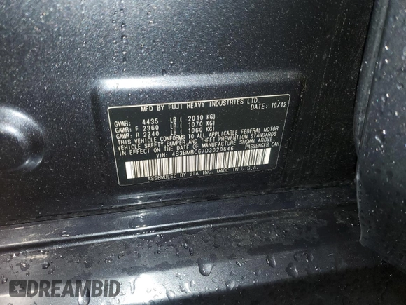 2013 Subaru Legacy Premium z VIN 4S3BMBC67D3020646, wystawiony jako Copart lot #57069185 z przebiegiem 60 961 mil mil oraz Szkoda całkowita • Salvage title. Historia ofert i sprzedaży dostępna na DreamBid. Obrazek 12.
