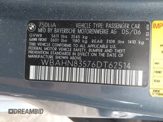 2006 BMW 7 Series 750Li z VIN WBAHN83576DT62514, wystawiony jako IAAI lot #42657343 z przebiegiem Nie podano mil oraz . Historia ofert i sprzedaży dostępna na DreamBid. Obrazek 9.