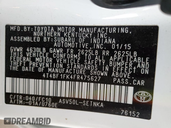 2015 Toyota Camry XLE with VIN 4T4BF1FK4FR475627, listed as a Copart auction lot 51610595 with 32,853 mi miles and Salvage Title. Bid and sale history available at DreamBid. Image 12.