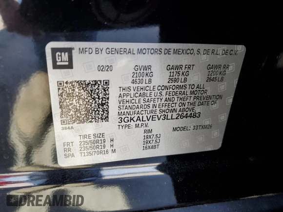 2020 GMC Terrain SLT with VIN 3GKALVEV3LL264483, listed as a Copart auction lot 57275025 with 68,941 mi miles and Salvage title. Bid and sale history available at DreamBid. Image 13.