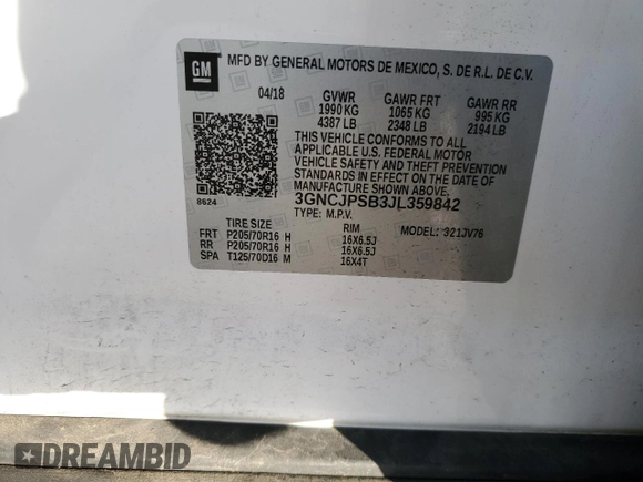 2018 Chevrolet Trax LT with VIN 3GNCJPSB3JL359842, listed as a Copart auction lot 87964285 with 41,753 mi miles and Non Repairable. Bid and sale history available at carsss.com. Image 15.