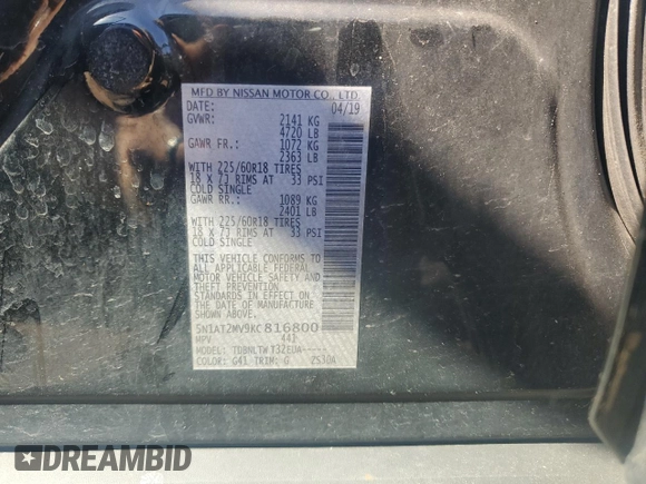 2019 Nissan Rogue SV with VIN 5N1AT2MV9KC816800, listed as a Copart auction lot 49165225 with 107,665 mi miles and Salvage Title. Bid and sale history available at carsss.com. Image 13.