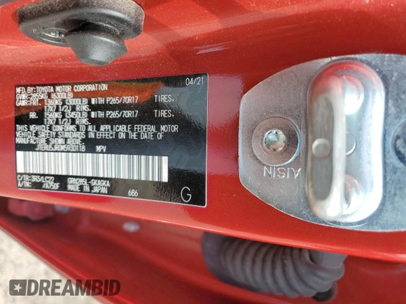 2021 Toyota 4Runner TRD Off Road Premium with VIN JTERU5JR0M5930118, listed as a Copart auction lot 52259695 with Not provided miles and Salvage title. Bid and sale history available at DreamBid. Image 13.